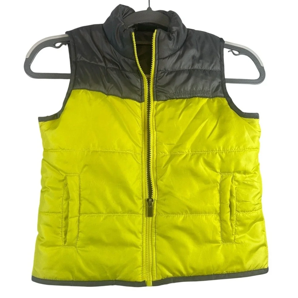 Calvin‎ Klein Jeans Kids Puffer Vest Yellow Gray Zip Front Sleeveless Padded